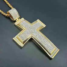 Hip Hop Iced Out Big Cross Pendant Necklace For Men Gold Color Stainless Steel Rhinestone Necklace Hiphop