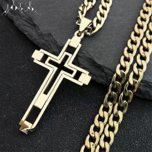 Hip Hop Cross Stainless Steel Chain Necklaces Gold Color Long Pendant Necklace for Women/Men Jewelry