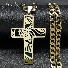 Hip Hop Punk Crown of Thorns Jesus Cross Necklace for Men Stainless Steel Gold Plated Crucifix Pendant