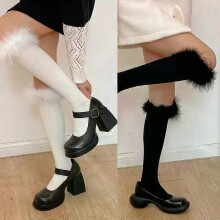 Calcetines hasta la rodilla con plumas peludas para mujeres y niñas japonesas, estilo preppy, botas