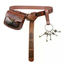 Medieval Cosplay Belt Leather Embossed Retro Belt Copper Coin Waist Bag with Key Hiking Skirt Clip Halloween