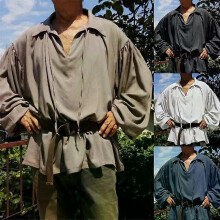 Mens Pirate Shirt LARP Hallween Medieval Renaissance Clothes Oversized Fluffy Sleeve Bandage Vintage