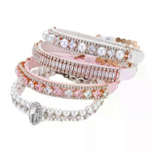 Luxe hondenhalsband met parels en riem, puppyhalsketting, leren parelriem met kristallen strass