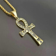 Mystical Egyptian Ankh Cross Pendant Necklace For Men Gold Color Stainless Steel Egypt Hieroglyphs Charms