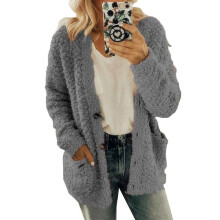 (DarkGray, M) Women Plus Size Bear Coat Fleece Jacket Cardigan Overcoat Sweater Outwear