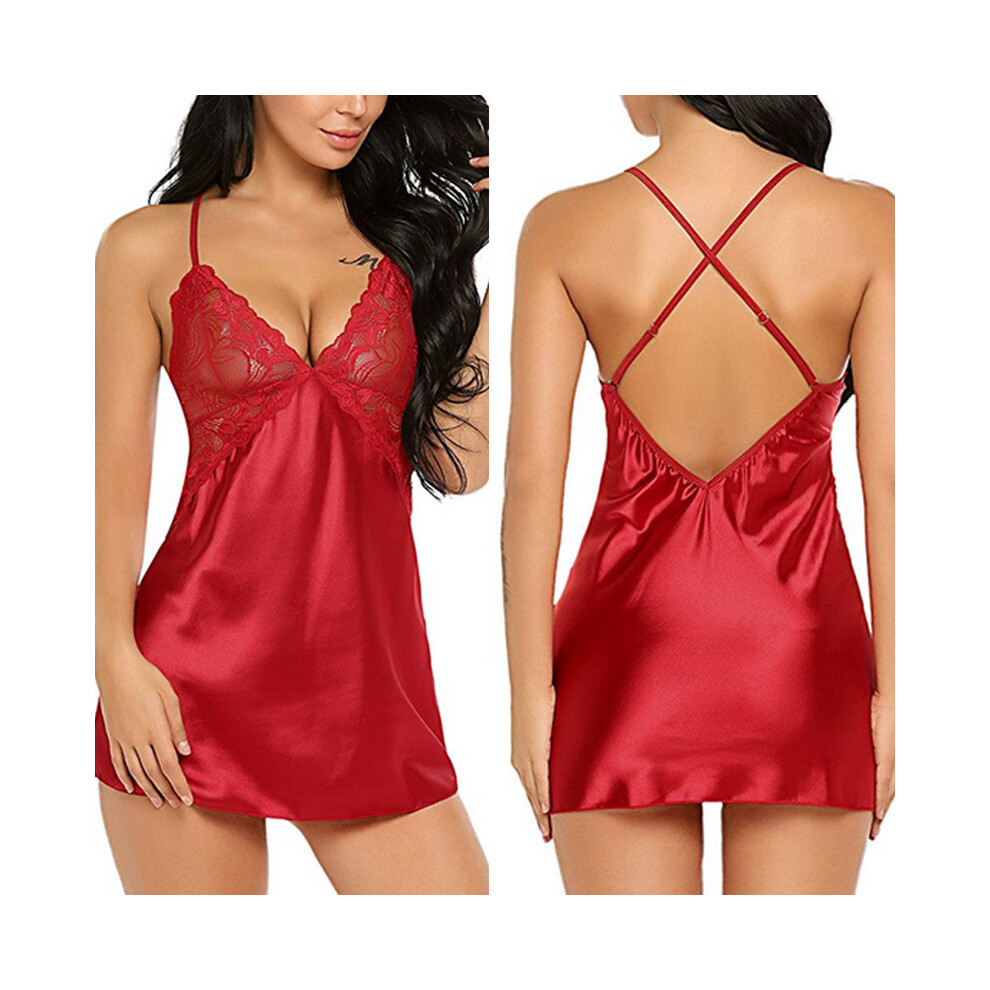 (Red, S) Women Lady Sexy Lace Sleepwear Satin Nightwear Lingerie Pajamas Sxl Size Suit