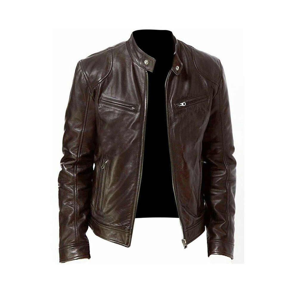 (Brown, 2XL) Faux Men Leather Jacket Motorcycle Biker Slim Fit Coat Warm Outwear Outwear Tops-image-OPC-PJF7CT9-NEW