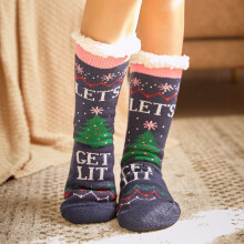 (Blue Tree) Slipper Socks Christmas Faux Fleece Lining Mens Ladies Kids Gripper Family Soles