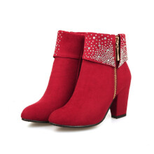 (Red, 38) Autumn Fashion Womens Winter Rhinestone Chunky Zipper Leather Boots Martin Boots