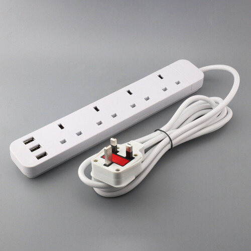 (USB) Electric Uk Plug Socket 3m Extension Lead Cable 13a Outlets Home Use Office