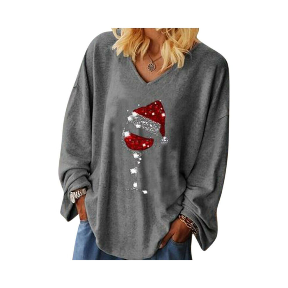 (Dark Grey,M)Tee shirt femme Noël verre vin col v manches longues pull hauts chemisier
