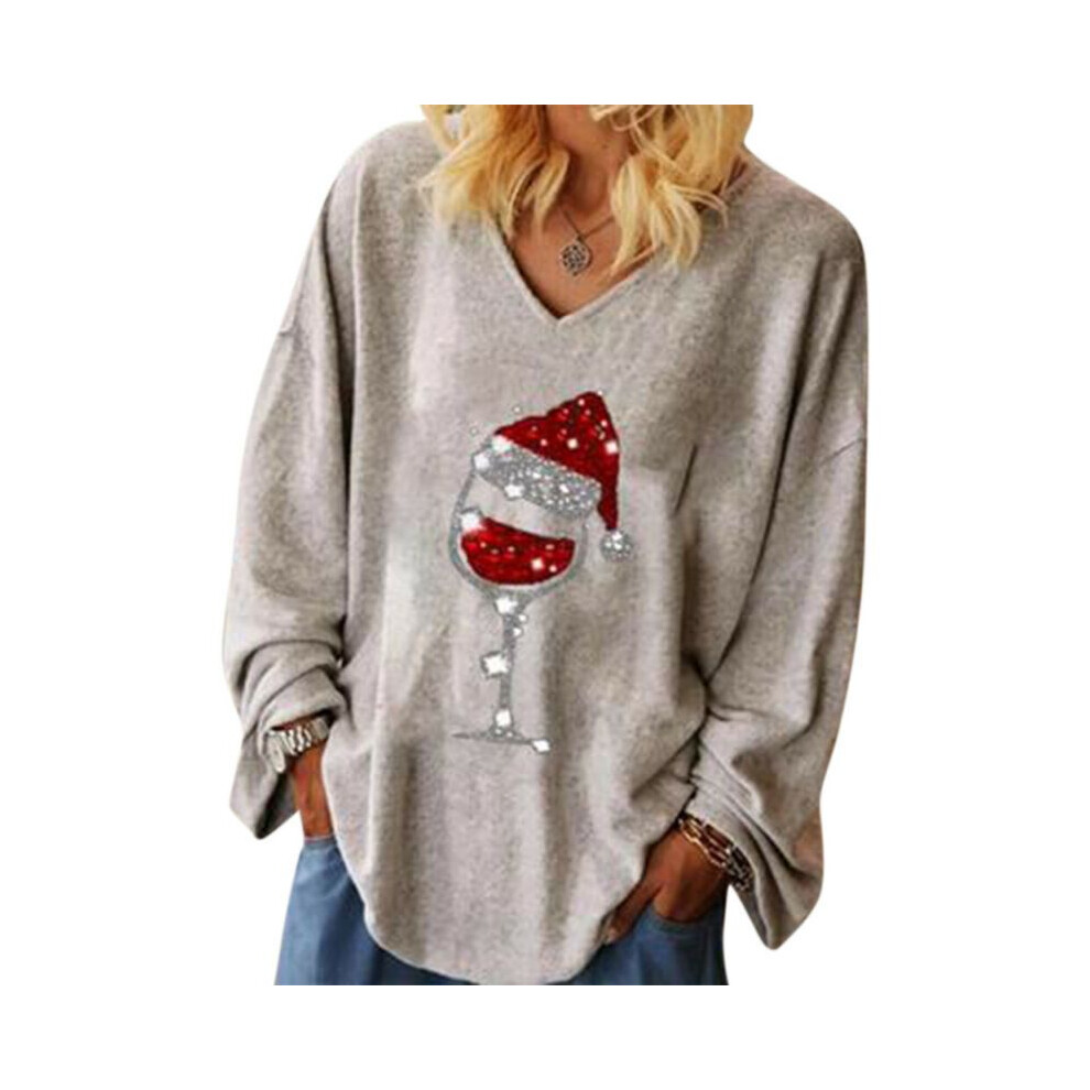 (Light Grey,M)Tee shirt femme Noël verre vin col v manches longues pull hauts chemisier