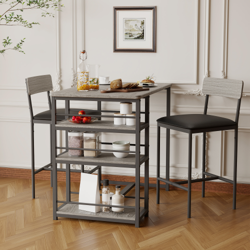 Bar Table Set with 3 Storage Shelves and Padded Cushion Stools Brown