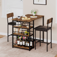 Bar Table Set with 3 Storage Shelves and Padded Cushion Stools Grey