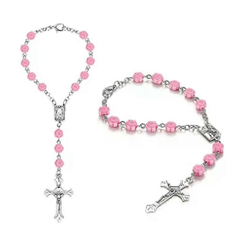 Braccialetti rosario con croce e fiore di rosa in plastica rosa per auto da donna 1