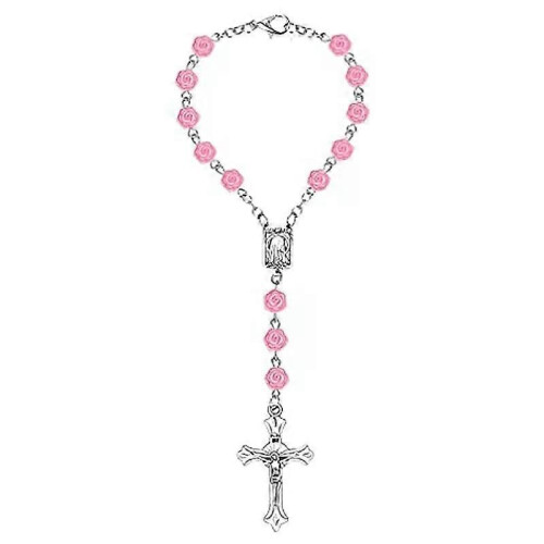 Braccialetti rosario con croce e fiore di rosa in plastica rosa per auto da donna