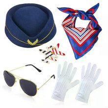 R7UD Stewardess Neck Scarf Stewardess Hat Stewardess Costume Airplanes Brooch Pin Stewardess Accessories