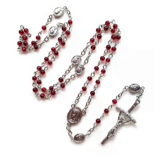 Collana con rosario in perle di vetro rosso, ciondolo lungo con crocifisso, per donne e uomini, gioielli