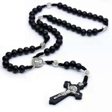 Collane con ciondolo religioso in legno antico con croce nera e rosario, collana di perline di Gesù