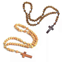 Collane con ciondolo a forma di croce antica in legno religioso, perline, collana con rosario cattolico