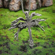 Collana con ciondolo a croce con sei ali di angelo sacro retrò, personalizzata, amuleto punk da uomo,