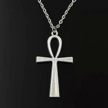 Ciondolo a forma di croce egizia Ankh, simbolo della vita, colore argento antico, catena corta e lunga
