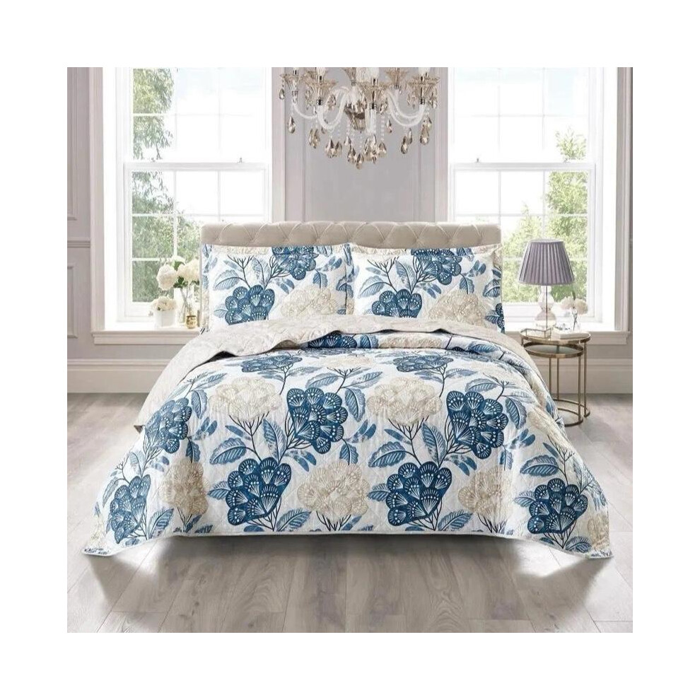 (Bloom Blue, Superking) Luxurious Quilted Patchwork Bedspread & Pillow Shams Set - Floral Designs for Summer Comfort-image-OPC-PJFCZPQ-NEW