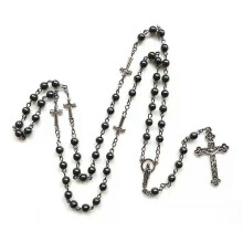 Collana con ciondolo a forma di rosario cattolico in ematite, lunga, con croce di Gesù e vergine, per