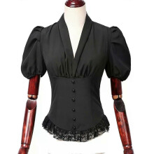 Vintage viktoriansk blus för kvinnor kortärmad V-hals spets Chiffong Slim Corset Shirt Tops