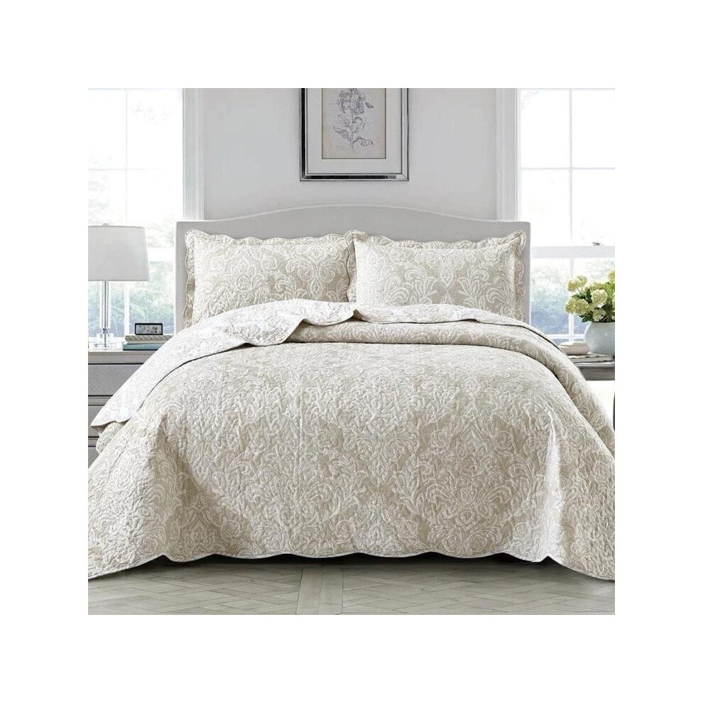 (Royal Damask Beige, Single) Quilted Patchwork Bedspread & Pillow Shams Set - Perfect for Summer with Elegant Damask Design-image-OPC-PJFDC7P-NEW
