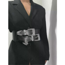 Cinturón de PU para mujer, hebilla de aleación tallada retro, cinturón de doble hilera, cinturón ancho,
