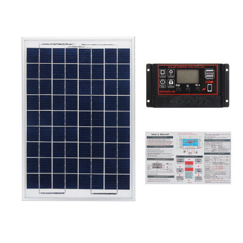 (10A) 18V 20W Class A Polysilicon Solar Panel + 12V/24V 10~60A PWM Solar Controller with LCD Display Kit