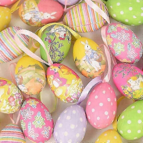 (3X4cm chicken rabbit) 12PCS Easter Eggs Hanging Ornaments Spring Holiday Home Paper Mache Tree Decor 1