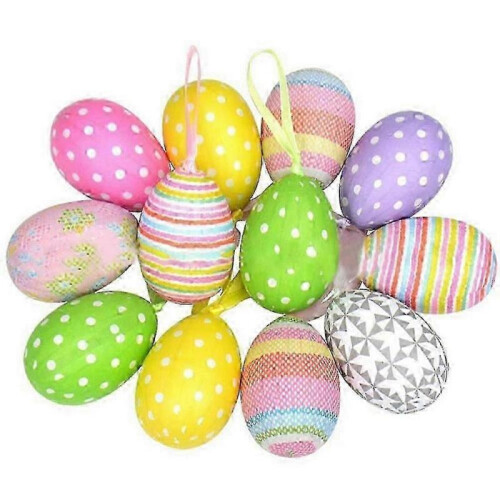 (4X6cm flower pattern) 12PCS Easter Eggs Hanging Ornaments Spring Holiday Home Paper Mache Tree Decor