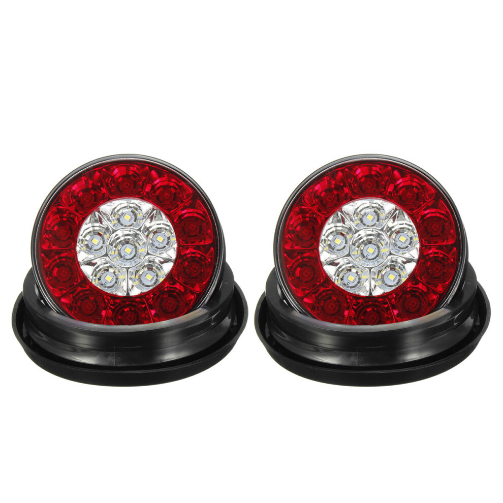 (&, 12V) 2Pcs 12V 24V Round Tail Lights 16 Led Caravan For Boat Truck Trailer Lorry Brake Stop Red/White 4250937581110