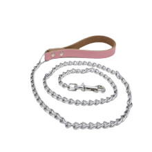 (Pink) Metal Dog Traction Leash Belt Training Walking Strap Collar Lead Rope