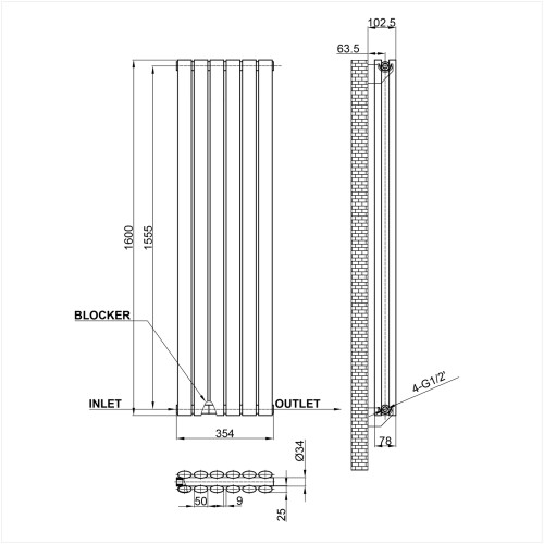 AICA (Double 1600x354mm, Anthracite) Designer Oval Column Radiator Central Heating 2