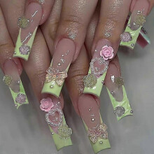 (Glue Type) Sweet French Green Camellia Wear Nails Love Bow Nail Patch Long  Fake Nails