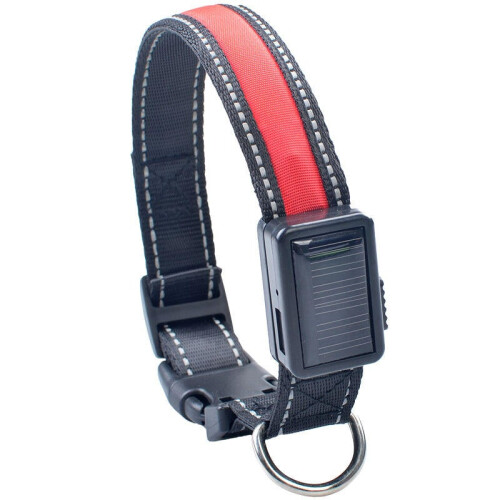 (Red S) Solar Power USB Charging Electronic LED Flashing Light Safe Nylon Dog Pet Collar for Different 1