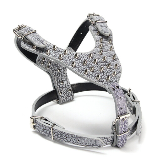 (Grey) Leather Dog Harness Collar Leash Set Spiked Studded Staffy for Pet Security