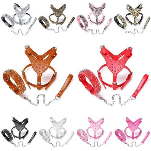 (Grey) Leather Dog Harness Collar Leash Set Spiked Studded Staffy for Pet Security 1