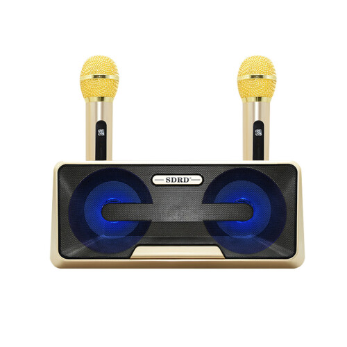 (Gold) Bluetooth Speaker with Two Wireless Microphone Mobile Wireless Karaoke Speaker Wireless Stereo Party Super Speaker Box