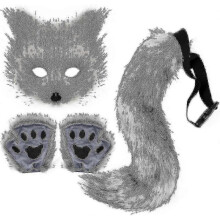 (Dark Gray) Faux Fur Fox Tail Cat Wolf Cosplay Costume Set Plush Mask Fluffy Paw Gloves Halloween Christmas-9034603765098