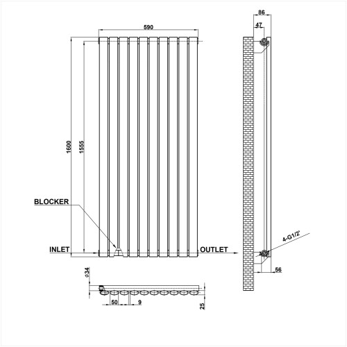 AICA (Single 1600x590mm, Anthracite) Designer Oval Column Radiator Central Heating 2