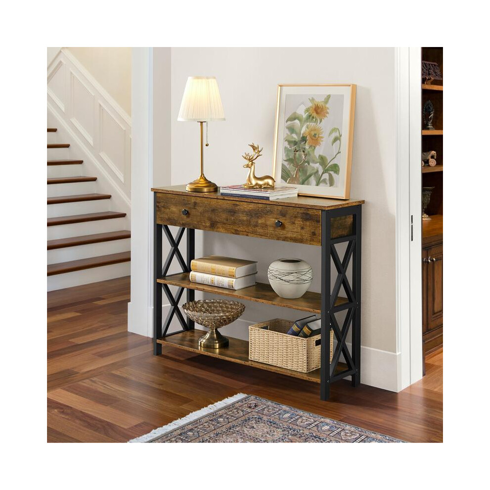 (Rustic Brown, 100x29.5x81cm) Industrial Console Table for Shoes/Storage with Drawer/Metal Frame, Vintage Storage Table, Sofa Console Table with 2 Ope