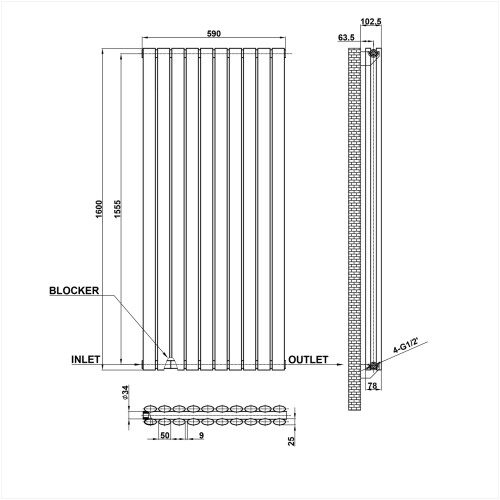 AICA (Double 1600x590mm, Black) Designer Oval Column Radiator Central Heating 2