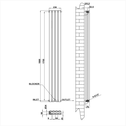 AICA (Double 1800x236mm, White) Designer Oval Column Radiator Central Heating 2