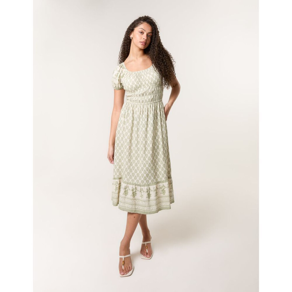 (Green, M) Border Print Puff Sleeve Midi Dress