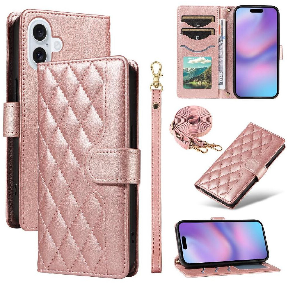 (Pink) Flip Case For Iphone 17 Wallet Card Slots Detachable Wrist Strap And Long Lanyard Lattice Flip Folio Phone Case With Stand Pink 764563153954