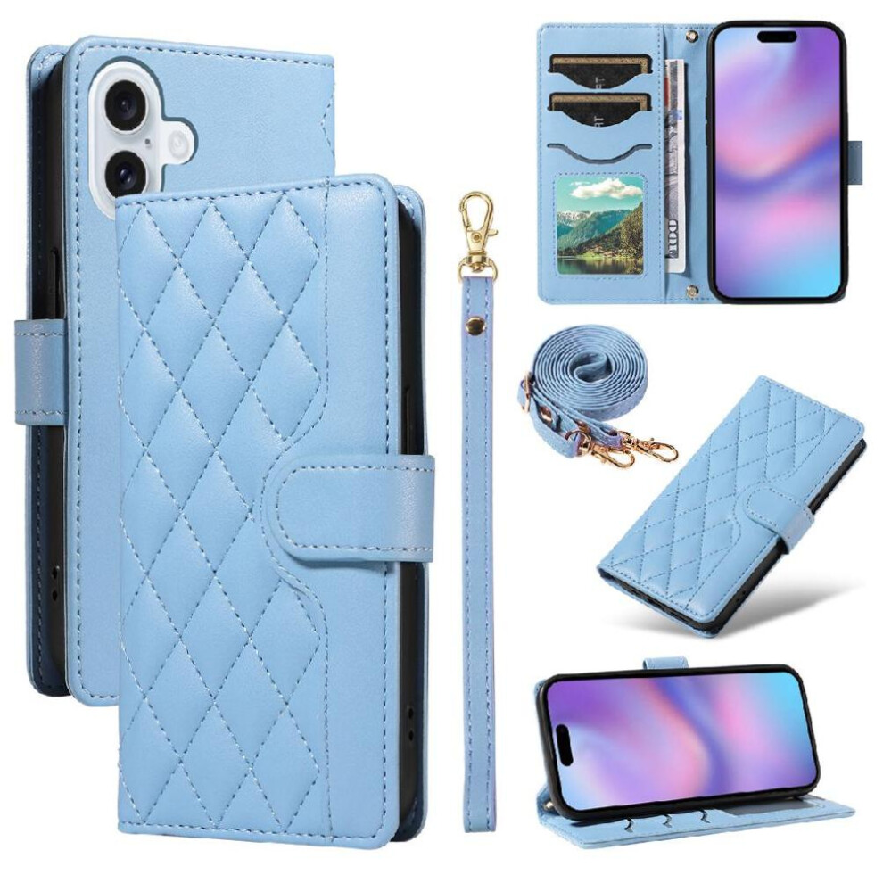 (Blue) Flip Case For Iphone 17 Wallet Card Slots Detachable Wrist Strap And Long Lanyard Lattice Flip Folio Phone Case With Stand Blue 764563154005